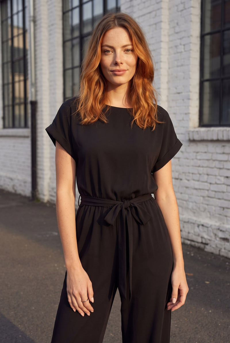 Short Sleeve Wide Leg Jumpsuit with Tie Waist in black
