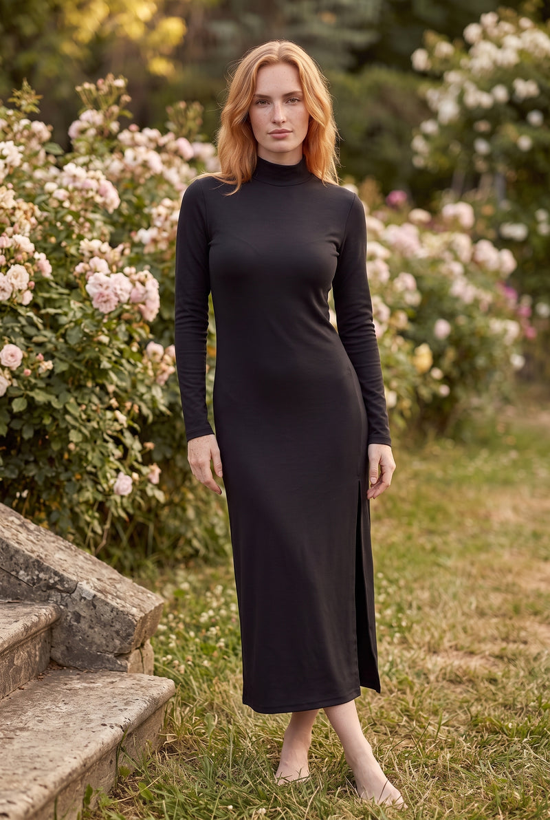 Long Sleeve Turtleneck Modal Midi Dress with Slit in black