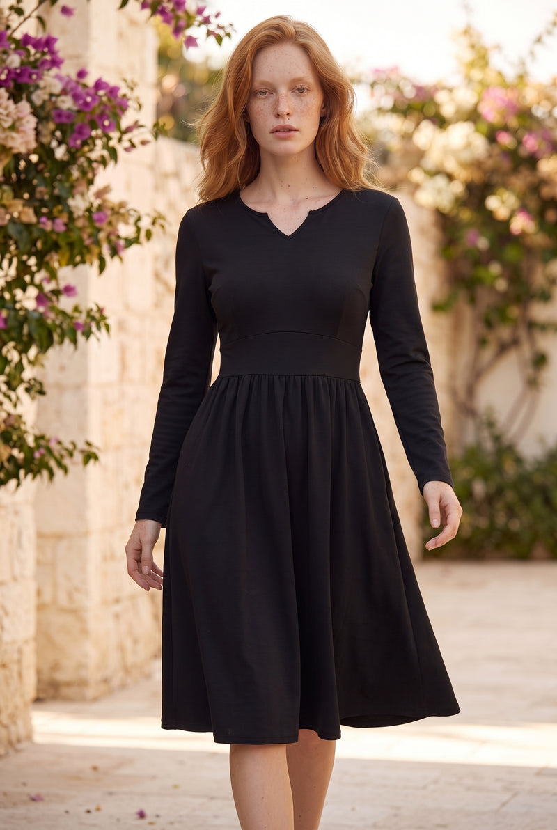 Robe midi en crêpe à manches longues et col V, coloris noir – photo 3