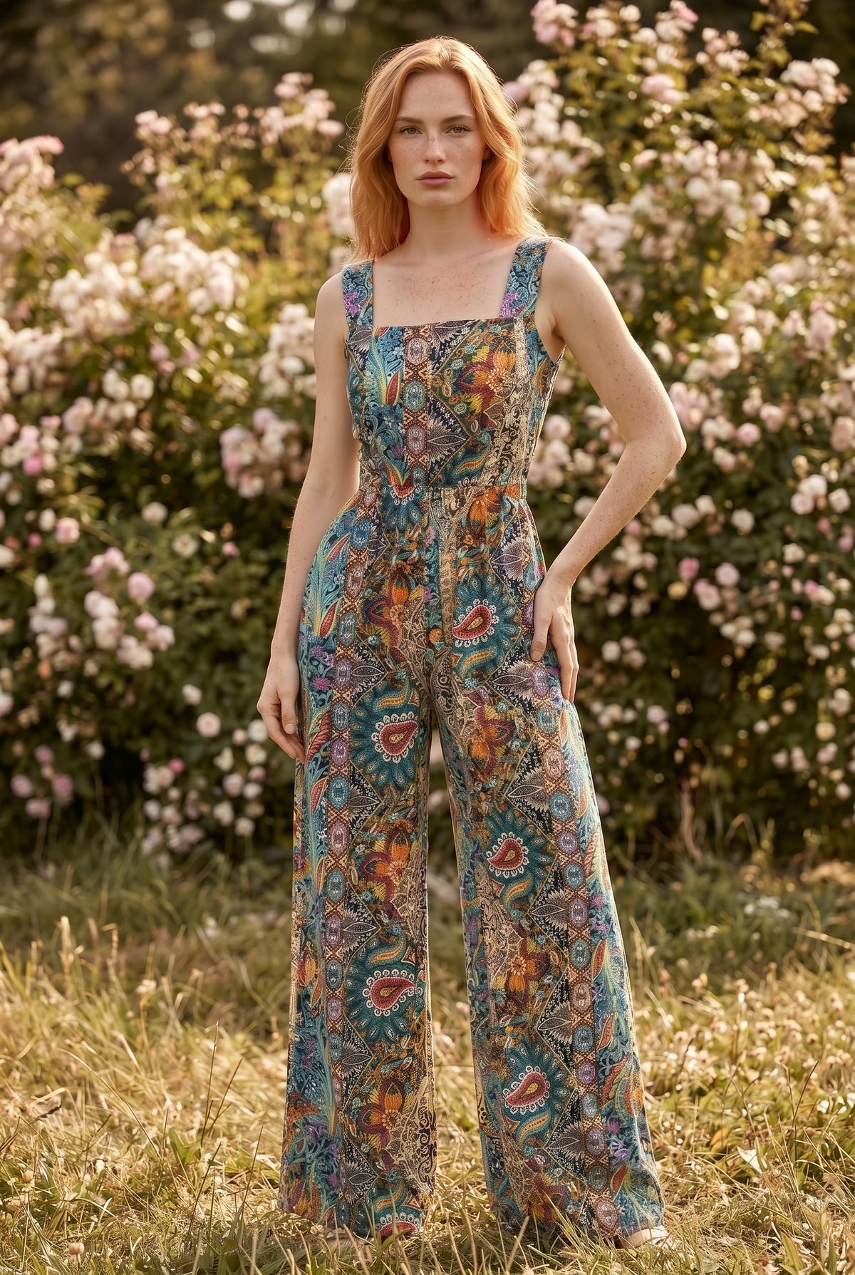 Printed Square Neck Wide Leg Jumpsuit in green – photo 4