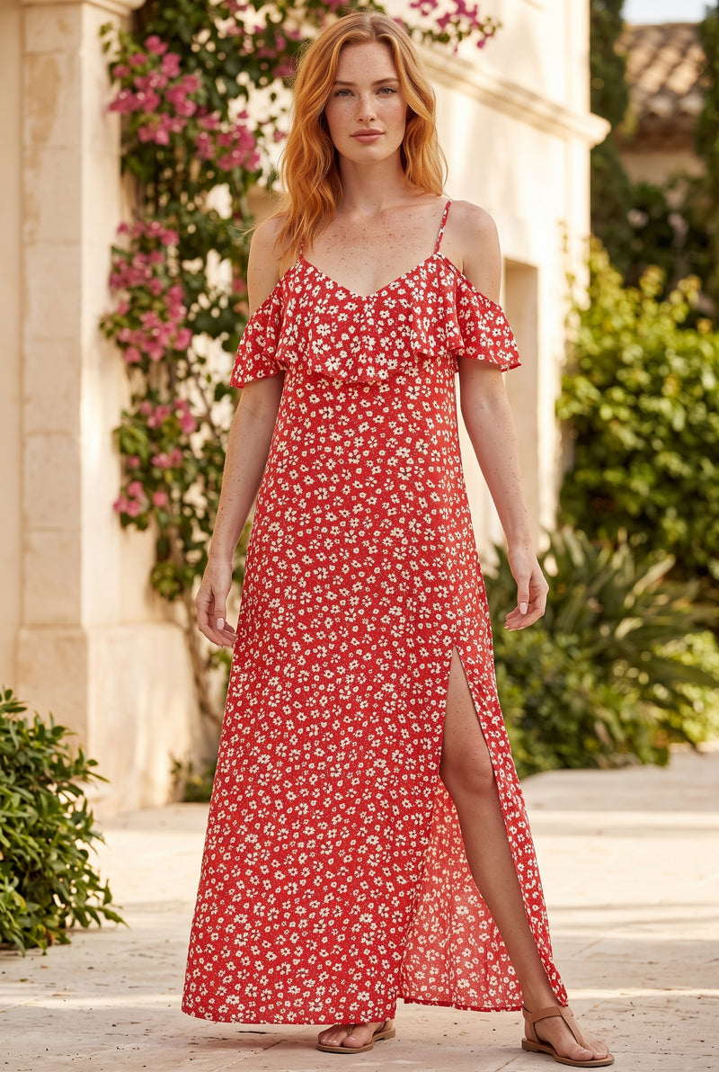 Maxikleid mit Blumenmuster, Volants und Schlitz in Rot – Foto 5