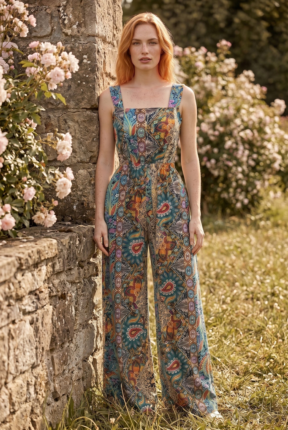Printed Square Neck Wide Leg Jumpsuit in green