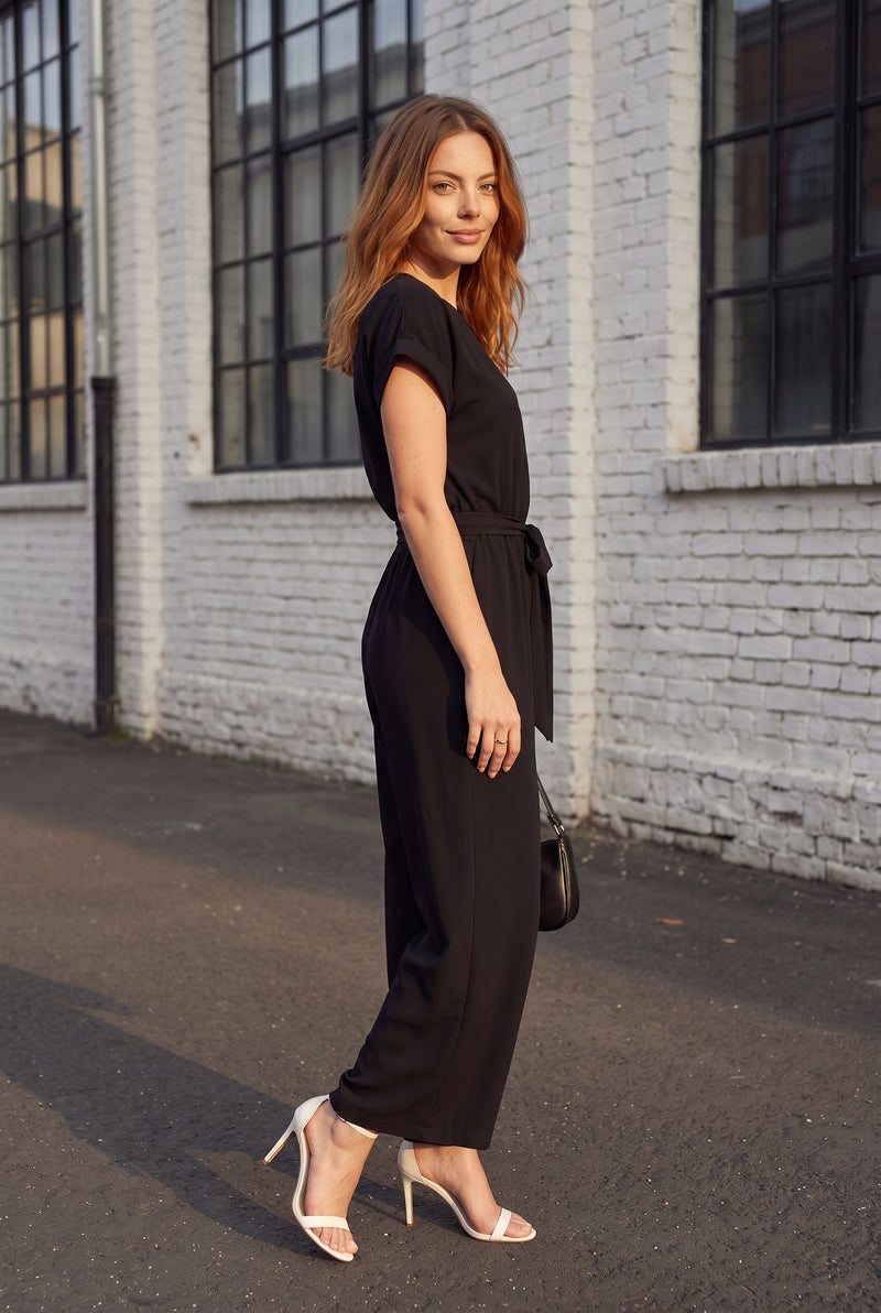 Short Sleeve Wide Leg Jumpsuit with Tie Waist in black – photo 3