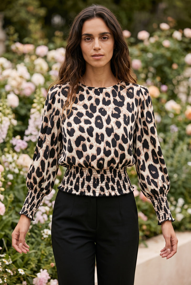 Leopard Print Long Sleeve Top with Smocked Waist – photo 5