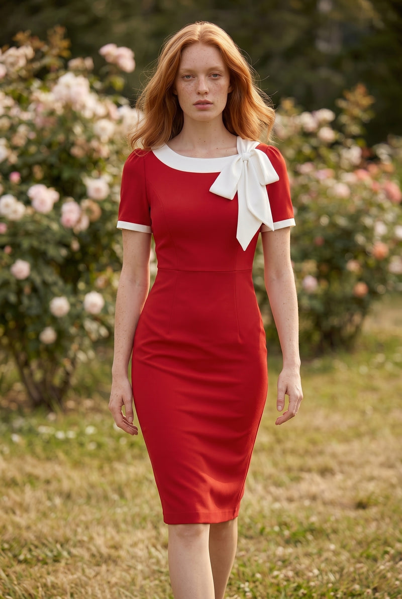 Kurzarm Midikleid aus Krepp mit Schleife in Rot – Foto 4