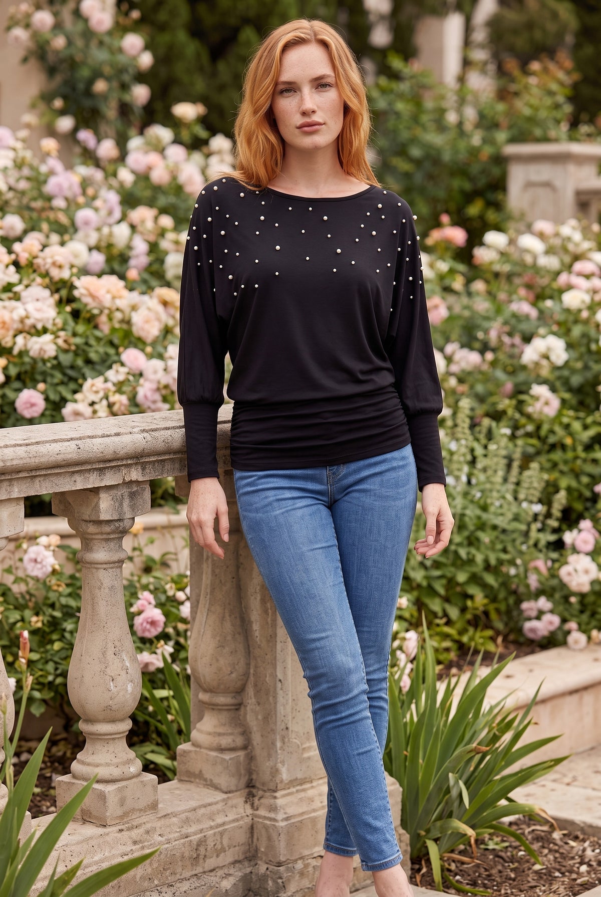 Black Long Sleeve Top with Pearl Embellishment