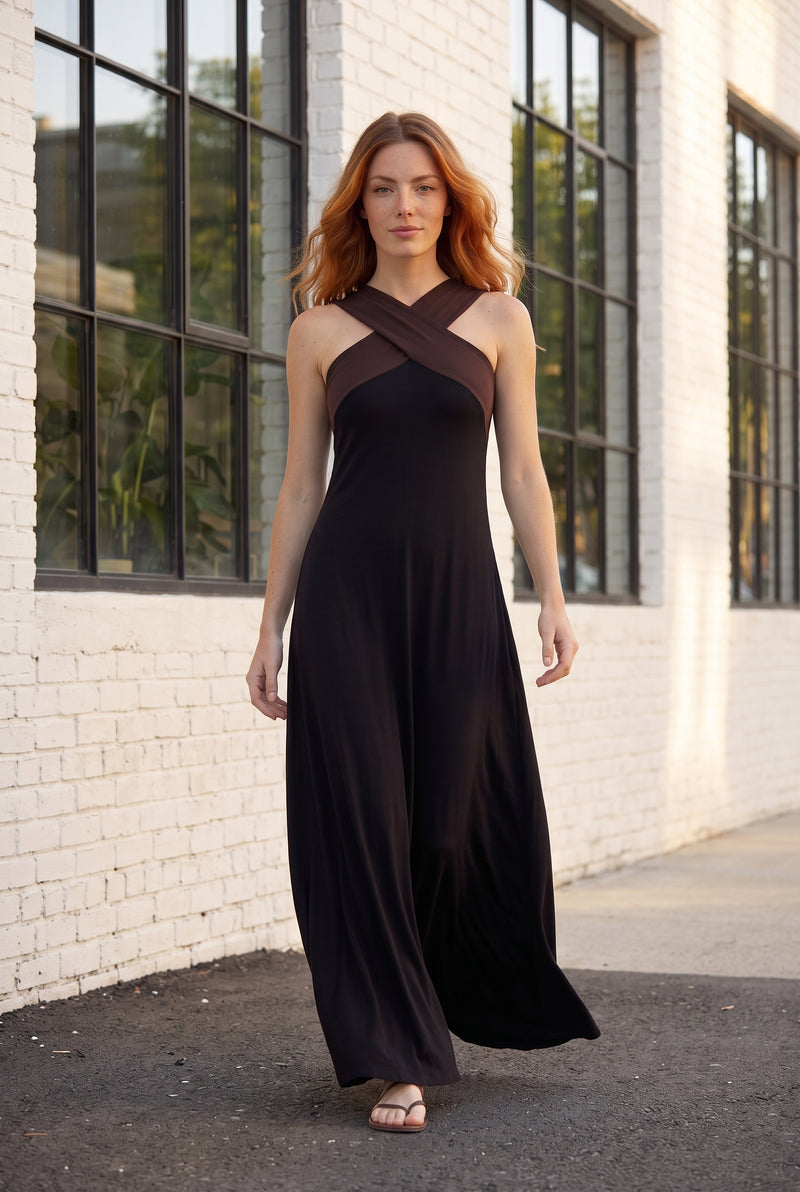 Schwarzes Maxikleid mit Neckholder und Farbblock – Foto 3