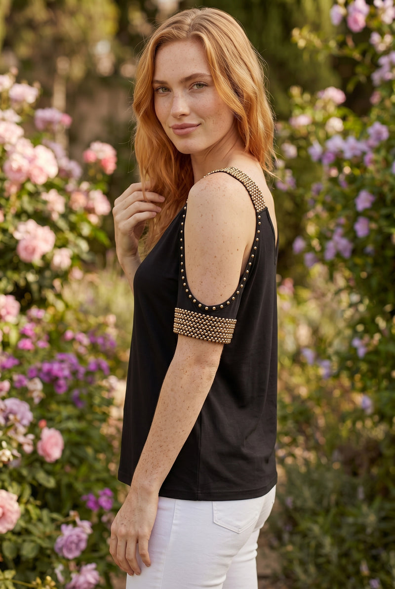 Embellished V Neck Off Shoulder Top in black – photo 2