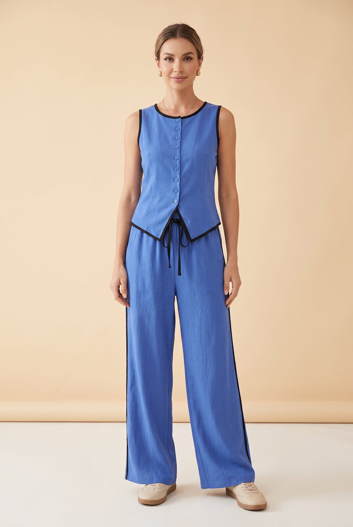 Linen Sleeveless Buttoned Co-ord Set in blue