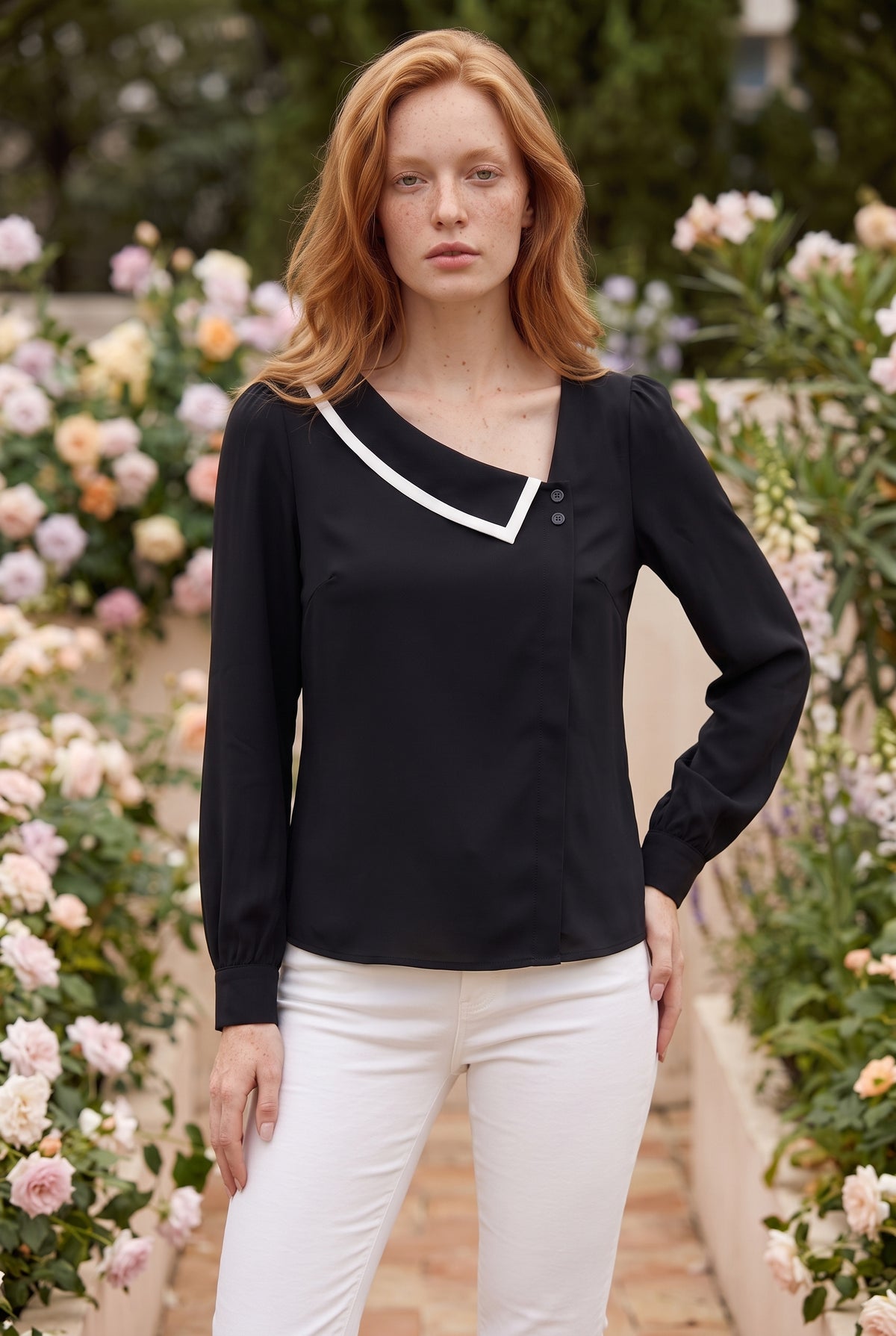 Black Long Sleeve Top with Asymmetric Collar – photo 4