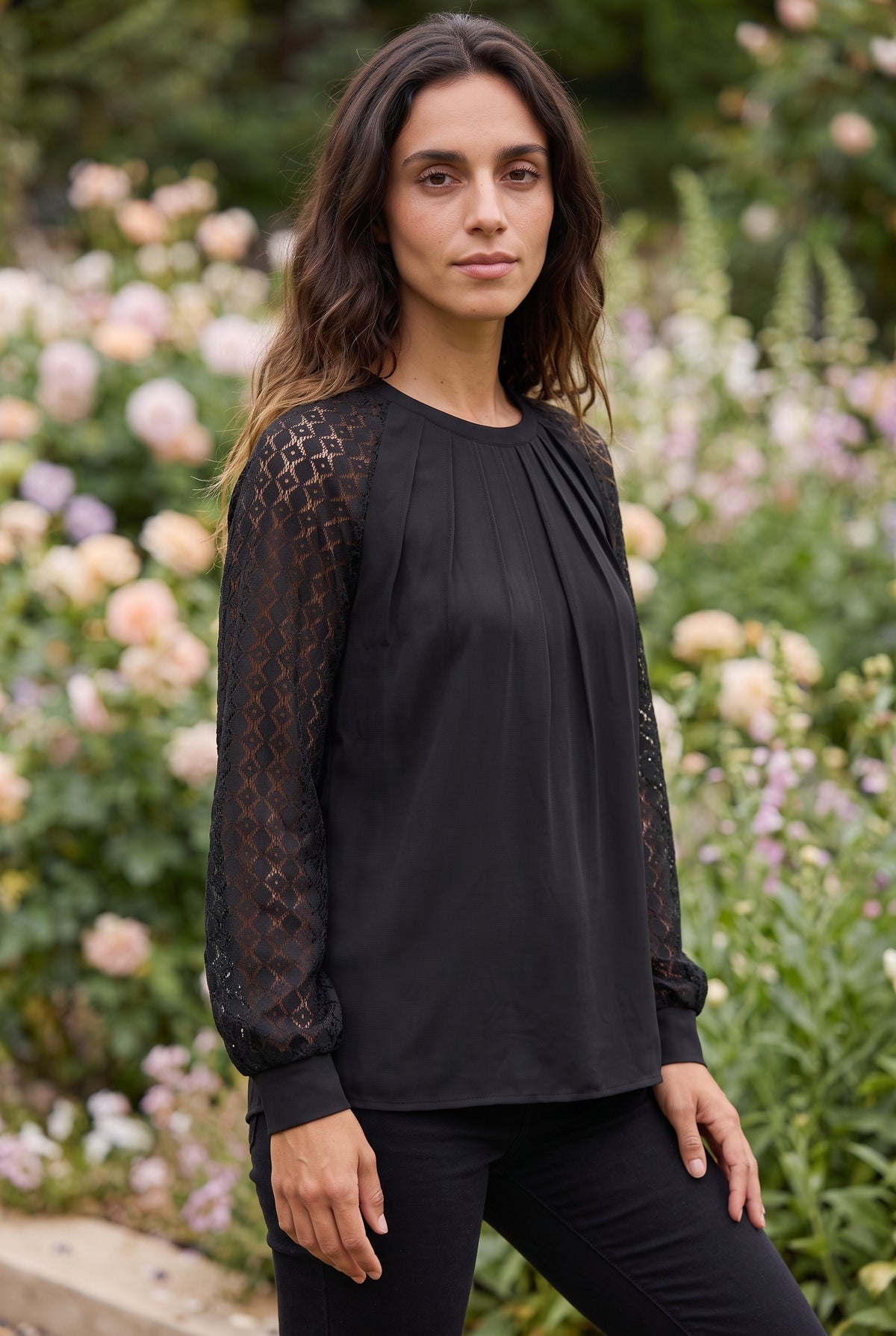 Black Lace Long Sleeve Top with Pleated Front – photo 4