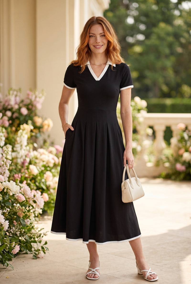 Pleated Short Sleeve Midi Dress with Contrast Collar in black – photo 5