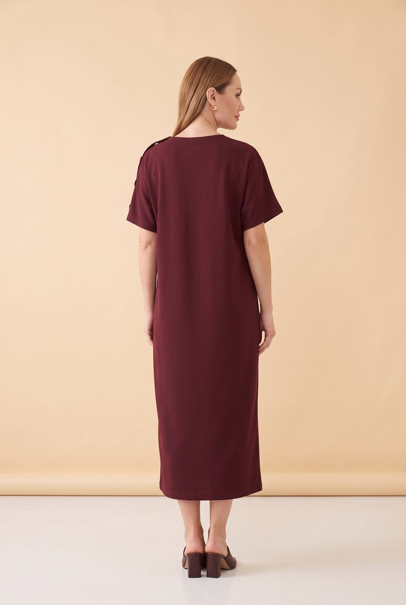 Short Sleeve Crew Neck Midi Dress with Shoulder Buttons in burgundy – photo 4