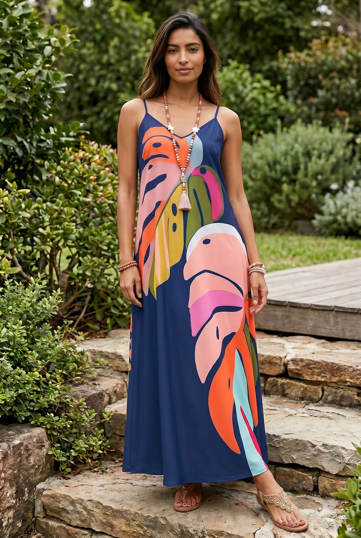 Maxikleid mit V-Ausschnitt und abstraktem Blätterdruck in Marine