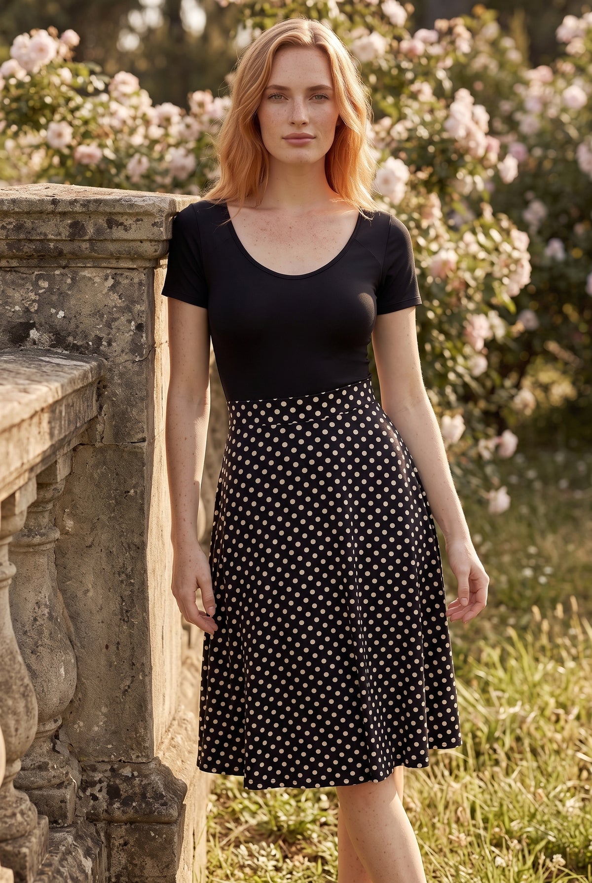 A-Linie Minikleid mit V-Ausschnitt und Polka Dots in Schwarz