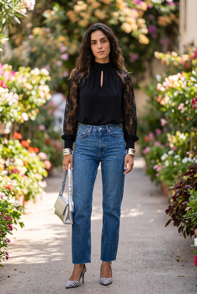 Long Sleeve Turtleneck Lace Top with Keyhole in black – photo 4