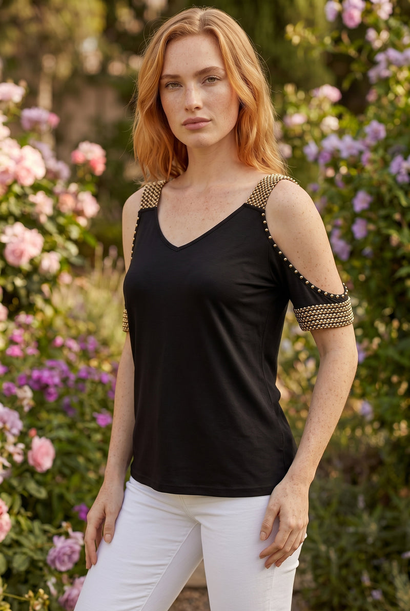 Embellished V Neck Off Shoulder Top in black – photo 4