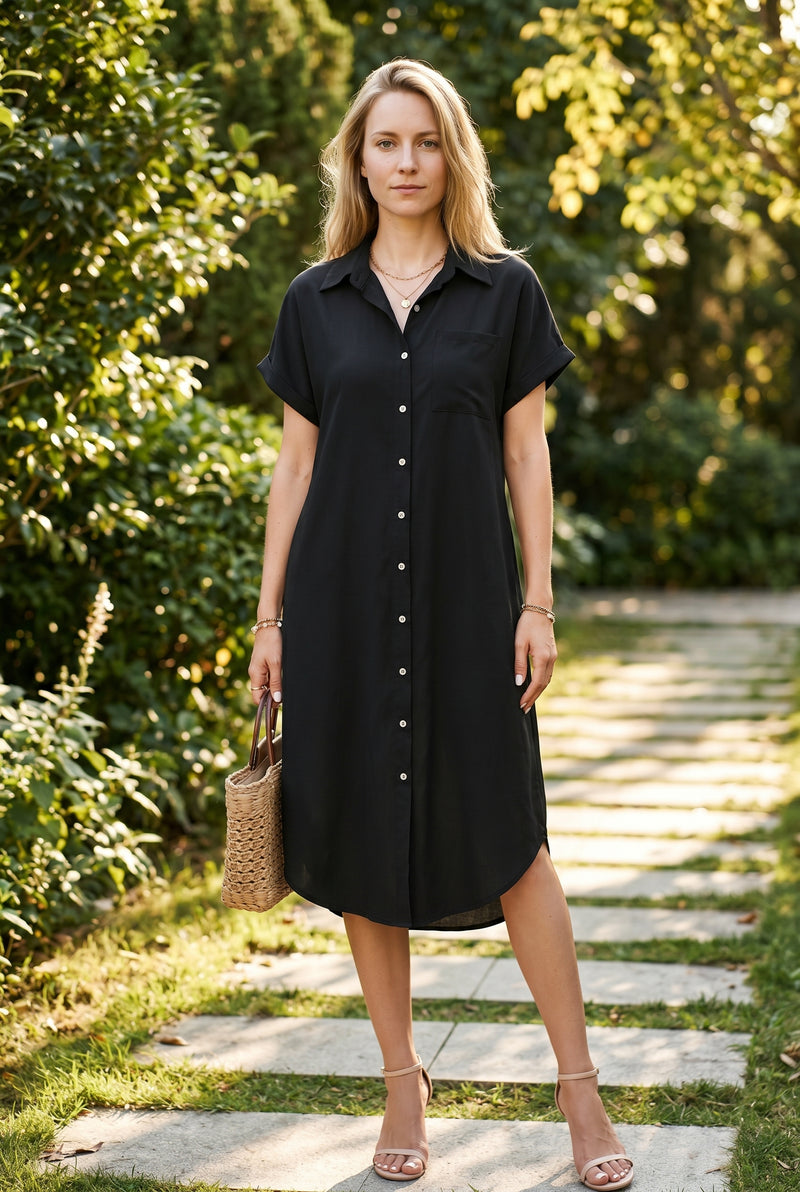 Robe midi noire boutonnée avec poche poitrine – photo 3