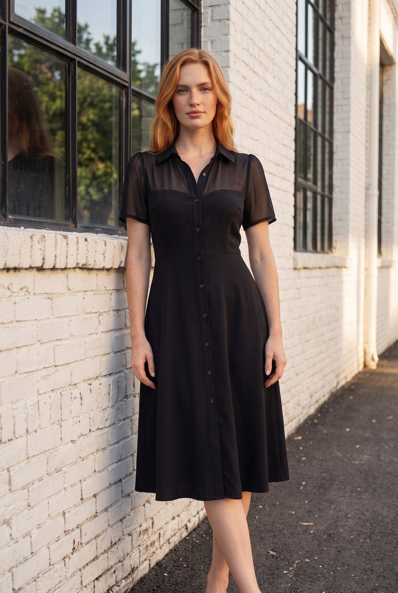Black Midi Dress with Short Sleeves and Sheer Yoke
