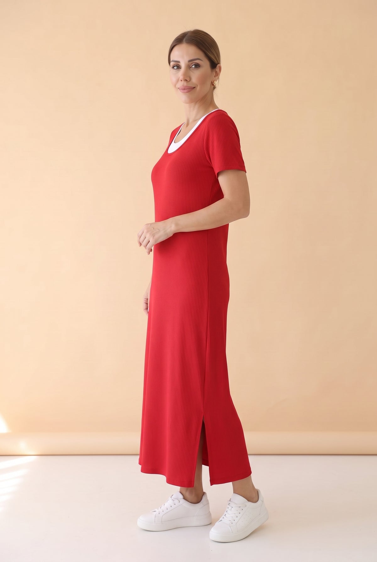 Short Sleeve Viscose Long Dress with Slit in red – photo 2