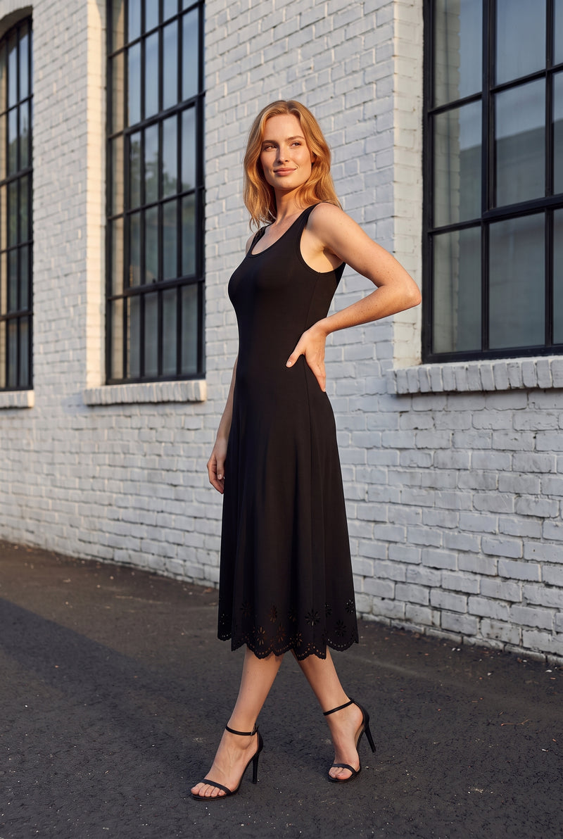 Black Sleeveless Midi Dress with Floral Laser Cut Hem – photo 3