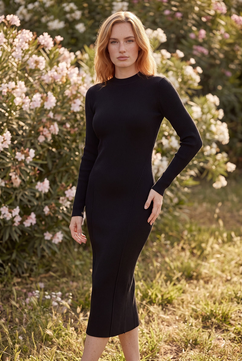 Black Long Sleeve Knitted Midi Dress with Tie Waist – photo 4