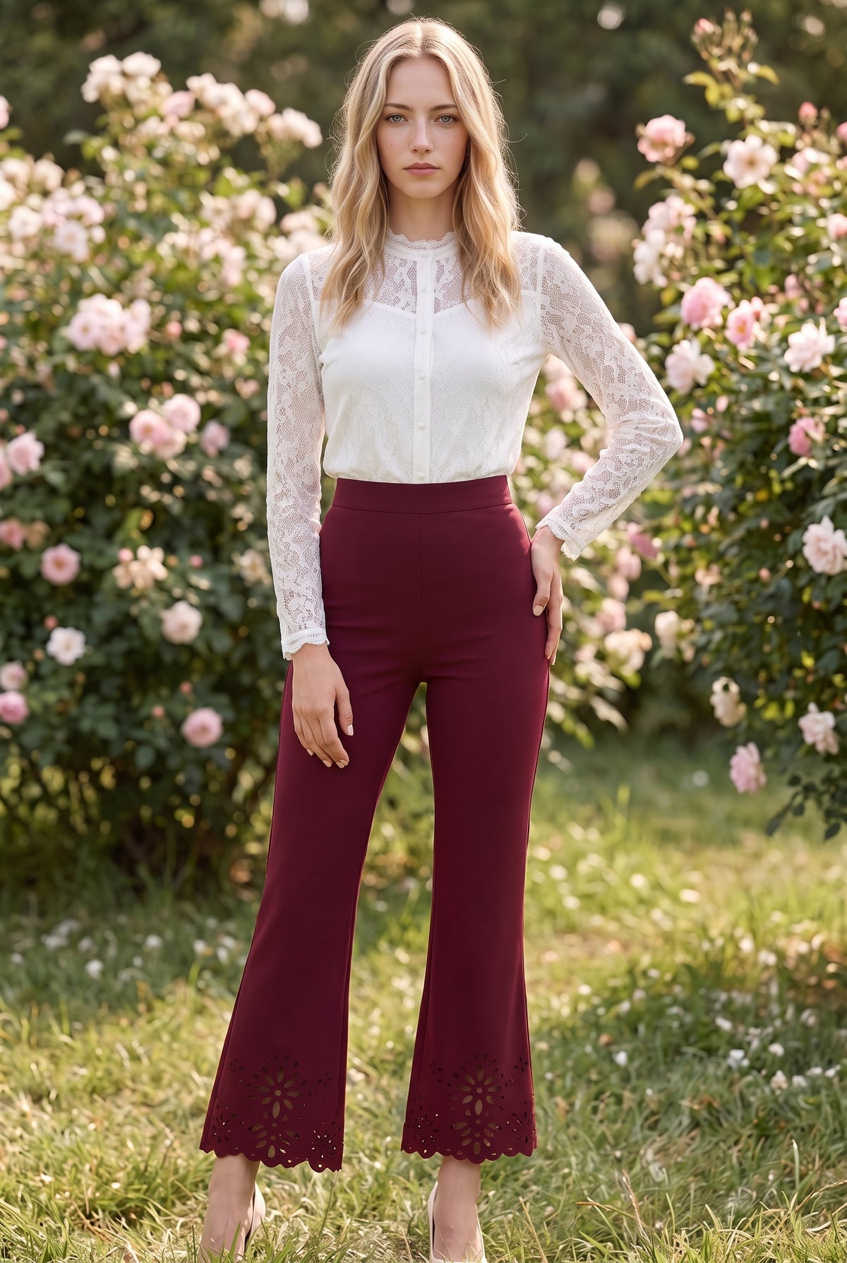 Pantalon Taille Haute en Crêpe à Ourlet Découpé, coloris bordeaux – photo 4