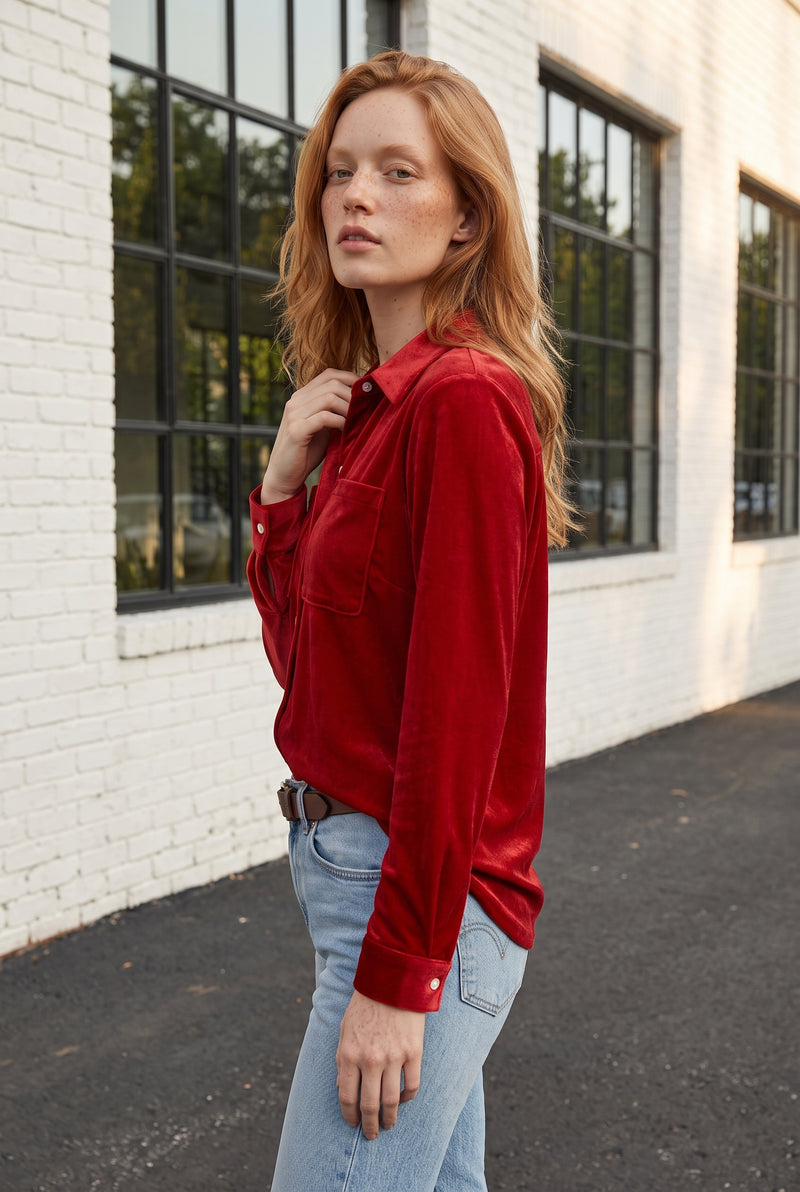Chemise rouge en velours à manches longues – photo 2
