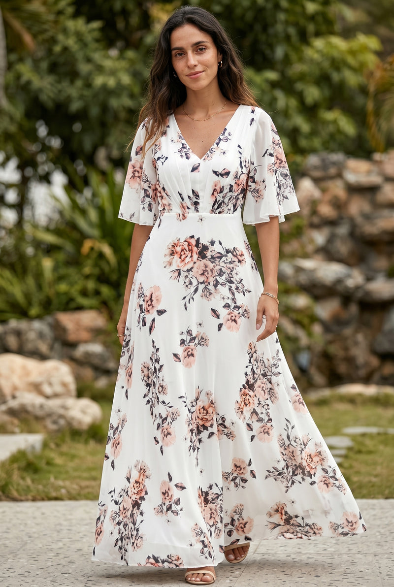 Floral V-Neck Short Sleeve Maxi Dress in white – photo 4