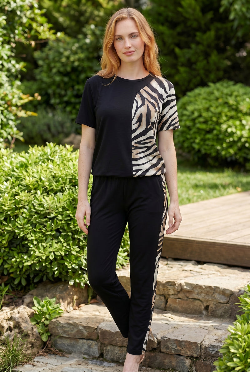Black Leopard Print Co-ord Set with Side Stripes