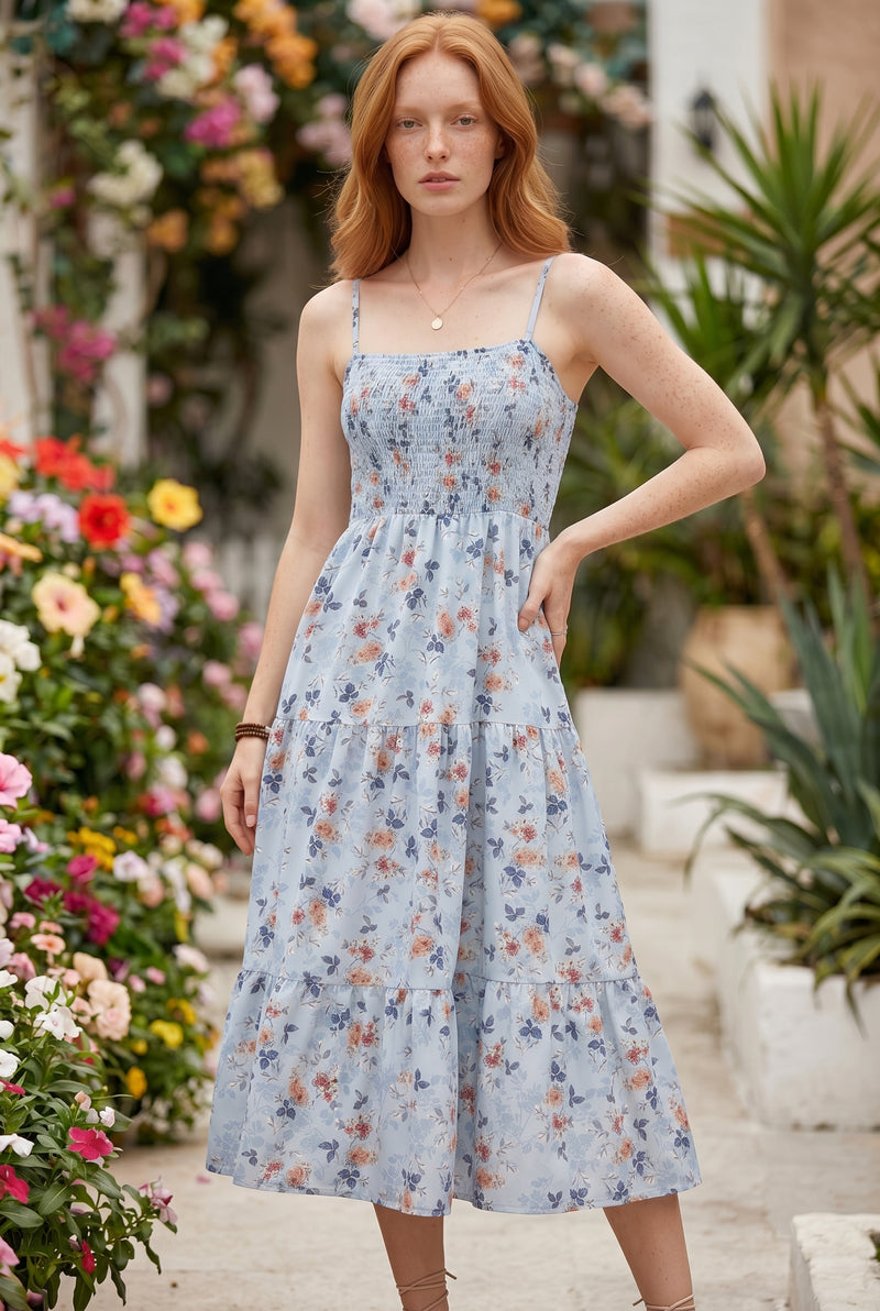 Floral Smocked Bodice Strappy Midi Dress in blue – photo 4