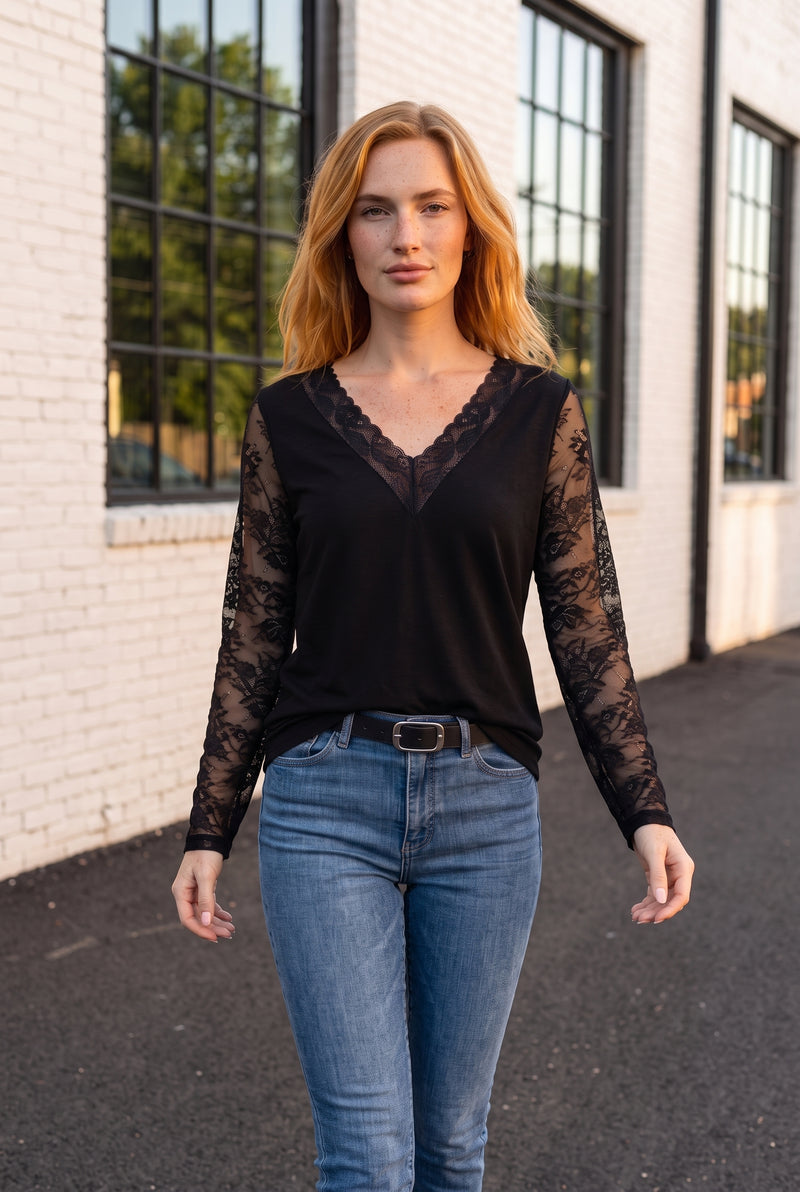 Black Lace Long Sleeve Top with V-Neck – photo 3