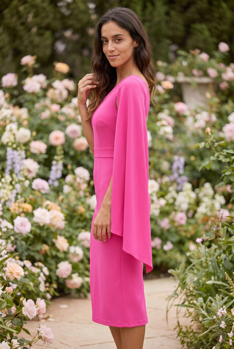 One-Shoulder Crepe Midi Dress with Cape Sleeve in pink – photo 2