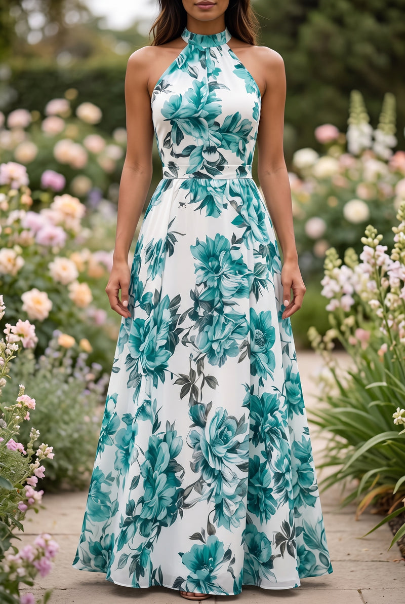 Maxikleid mit Blumenmuster und Neckholder in Grün – Foto 5