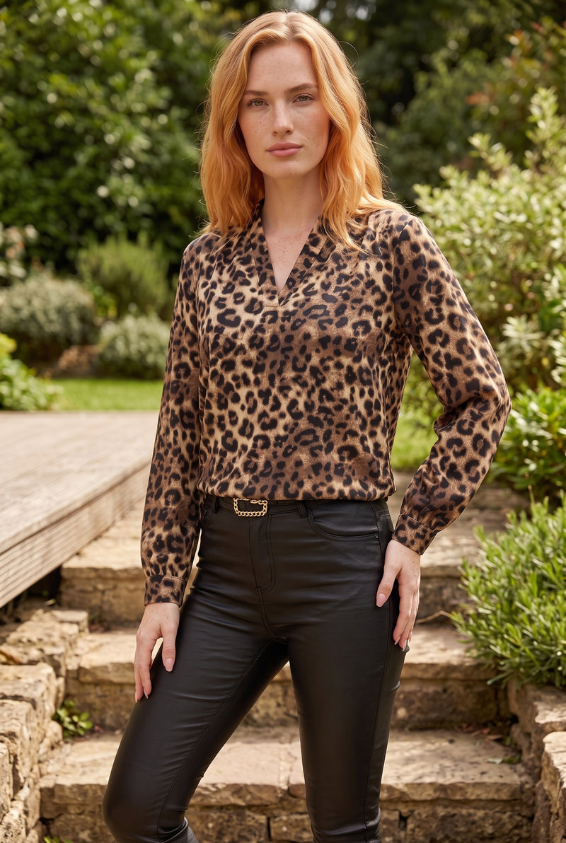 Leopard Print Long Sleeve V Neck Modal Top in blue – photo 4