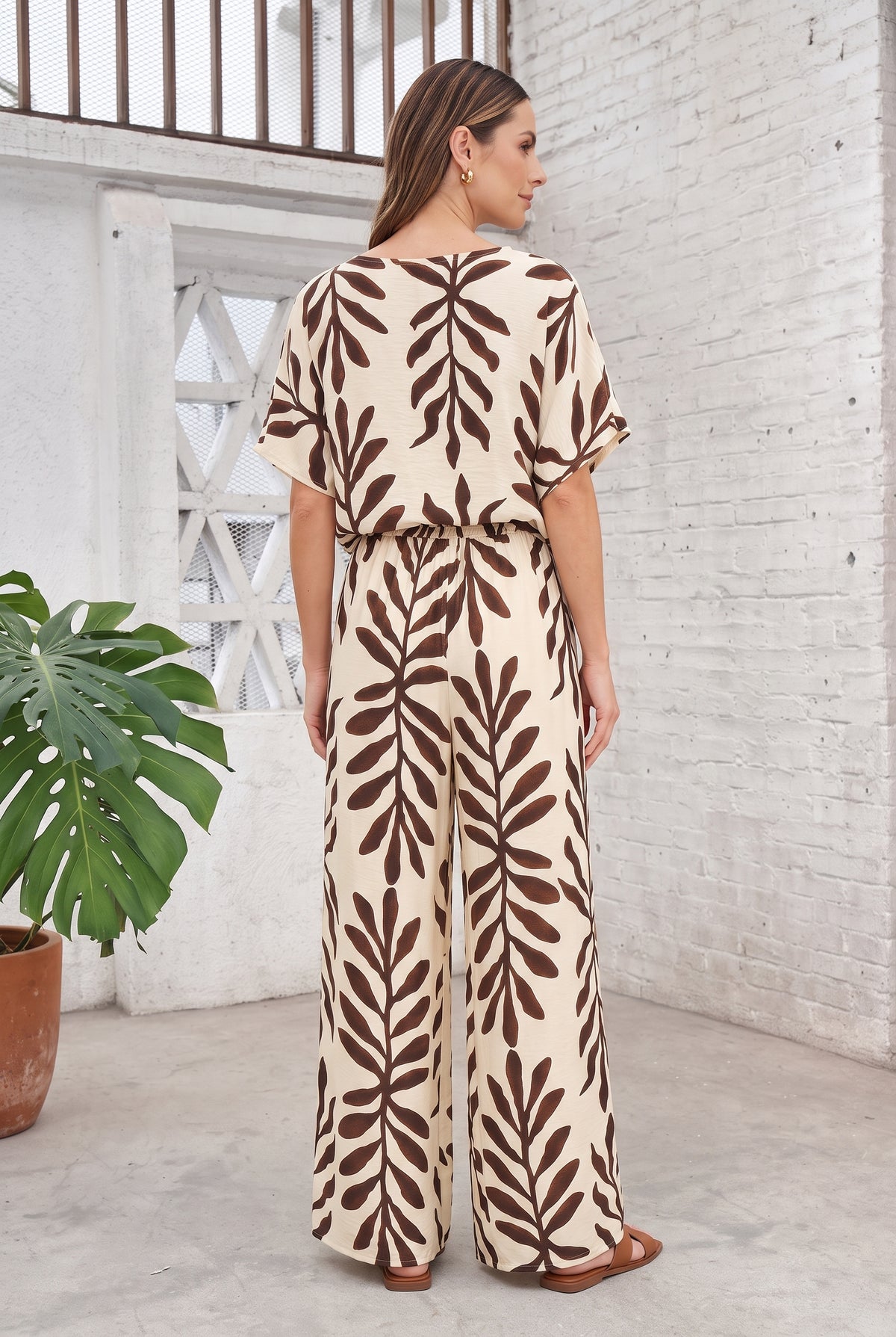 Brown Printed Short Sleeve Wide Leg Jumpsuit – photo 4