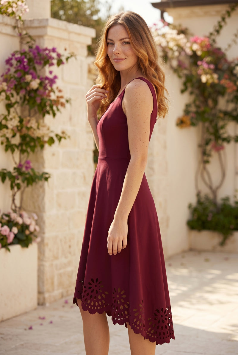 Square Neck A Line Midi Dress with Laser Cut Hem in red – photo 2