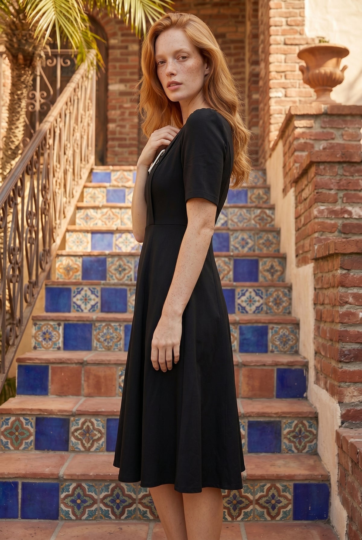 Short Sleeve Asymmetric Neck Midi Dress in black – photo 2