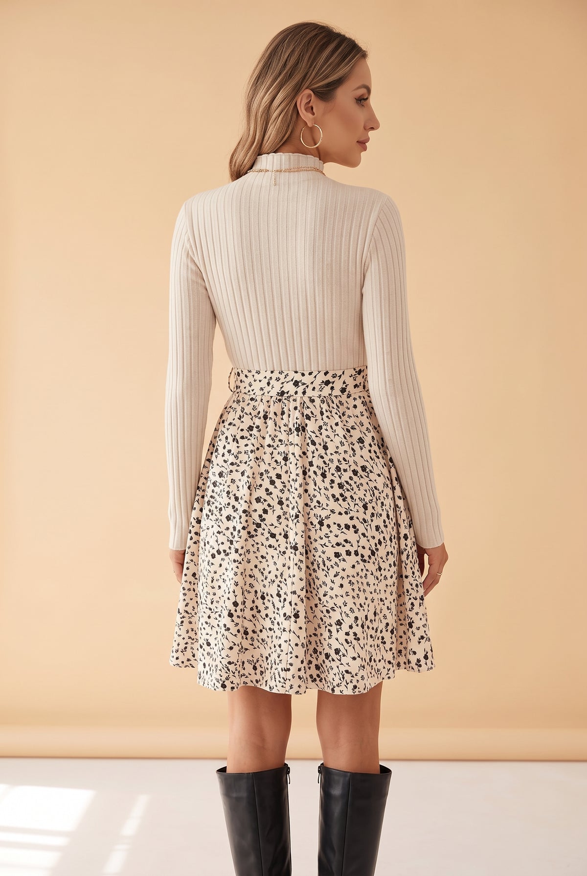 Beige Long Sleeve Mini Dress with Floral Skirt – photo 4