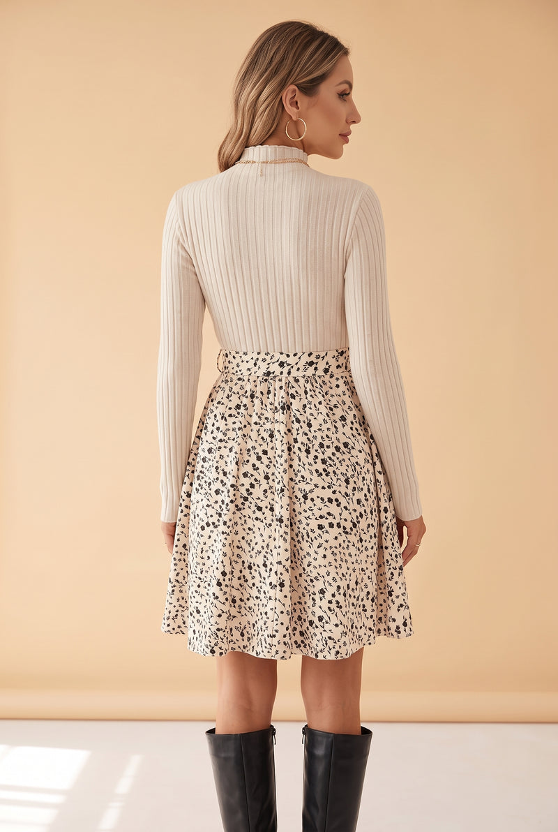 Beige Long Sleeve Mini Dress with Floral Skirt – photo 4