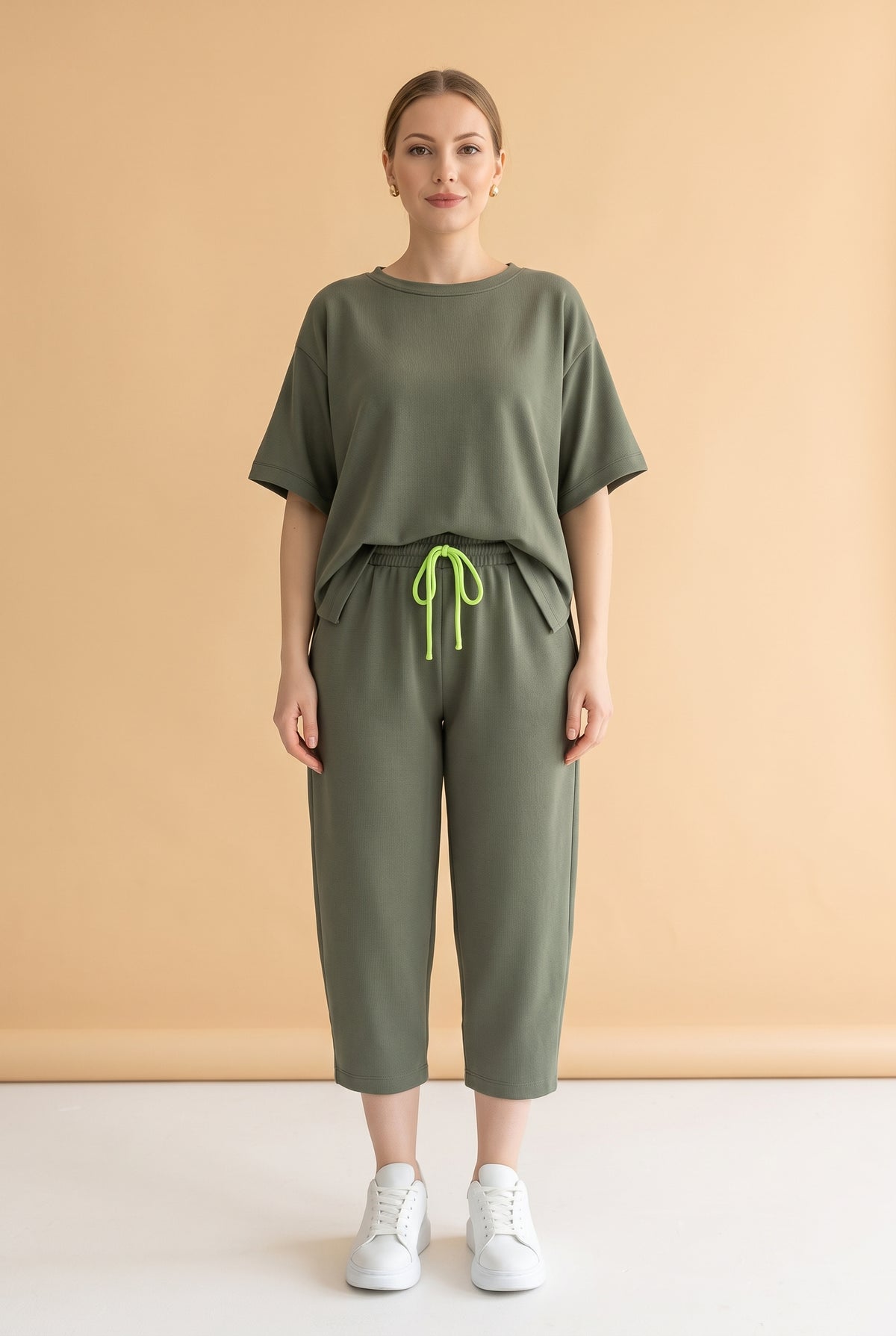 Short Sleeve Crew Neck Viscose Co-ord Set in khaki