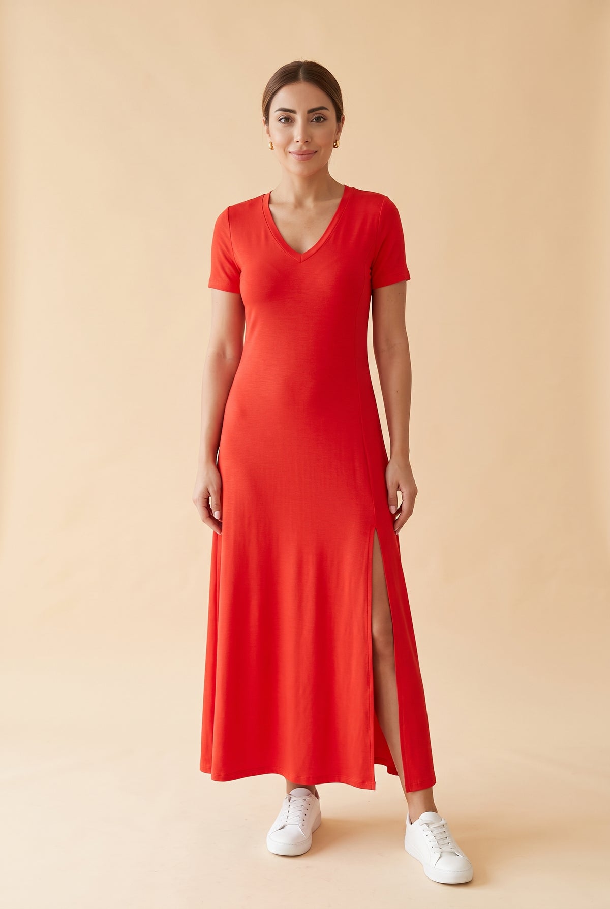 Short Sleeve V-Neck Viscose Maxi Dress with Slit in red