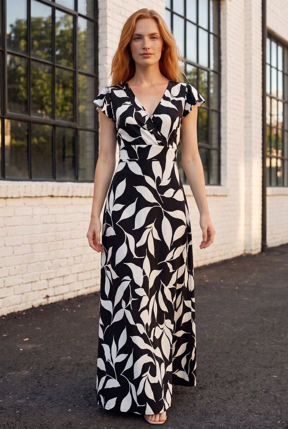 Robe longue à motifs portefeuille à manches courtes, coloris noir – photo 3