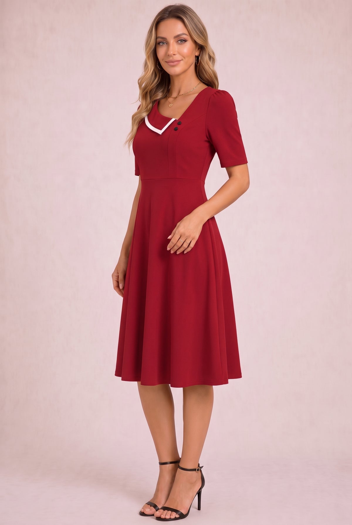 Short Sleeve Asymmetric Neck Midi Dress in red – photo 3