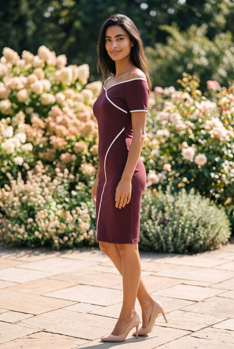Off-Shoulder Crepe Short Dress with Contrast Piping in burgundy – photo 4