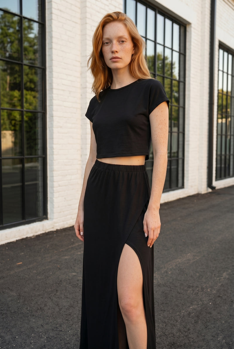 Short Sleeve Viscose Maxi Co-ord Set with Slit in black – photo 2