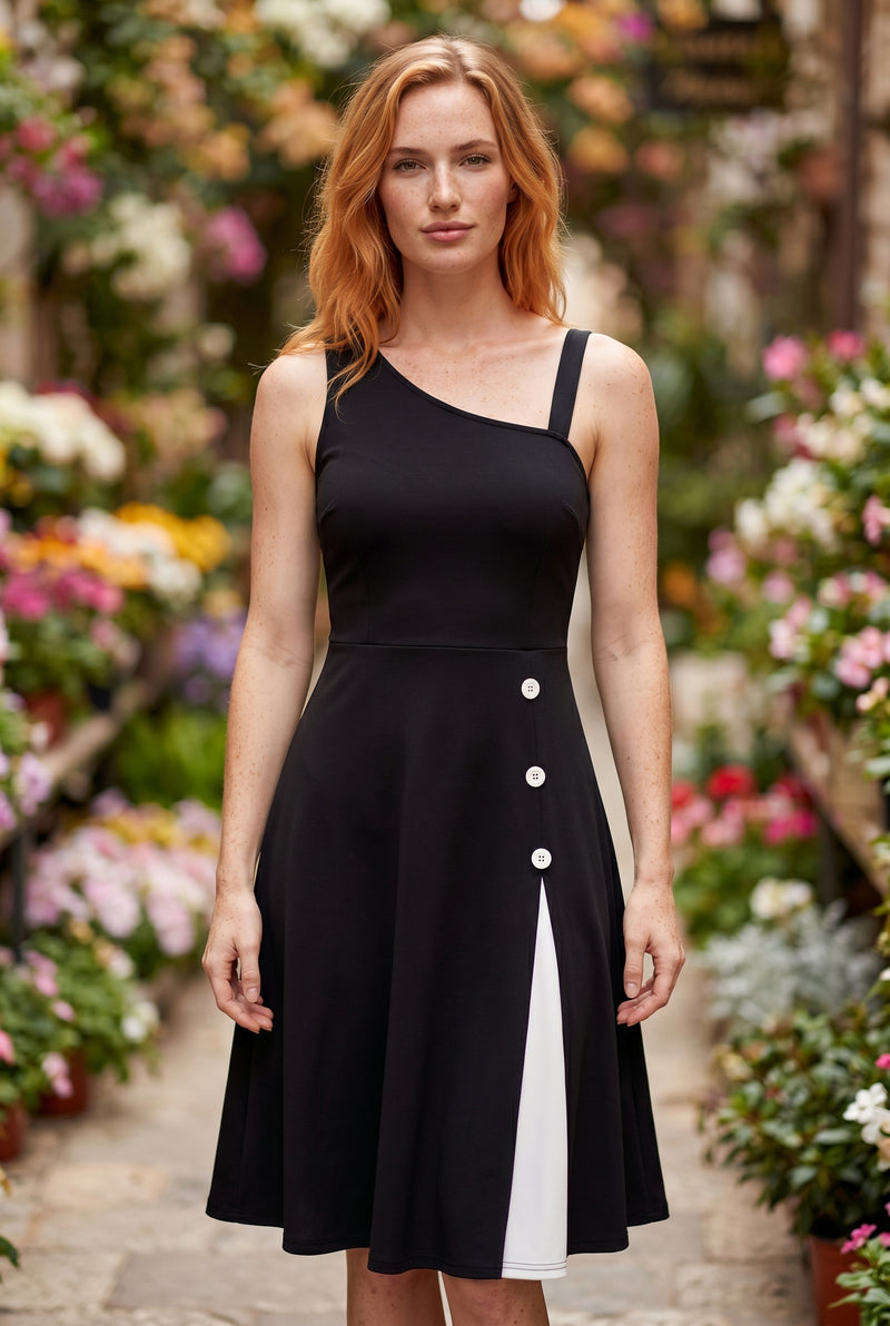 Schwarzes Midikleid mit One-Shoulder und Schlitz