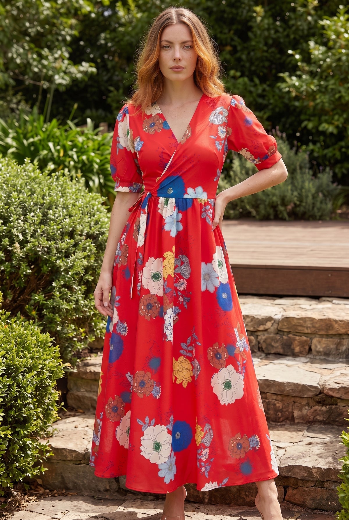 Rotes Maxikleid mit Blumenmuster und Wickelausschnitt – Foto 4