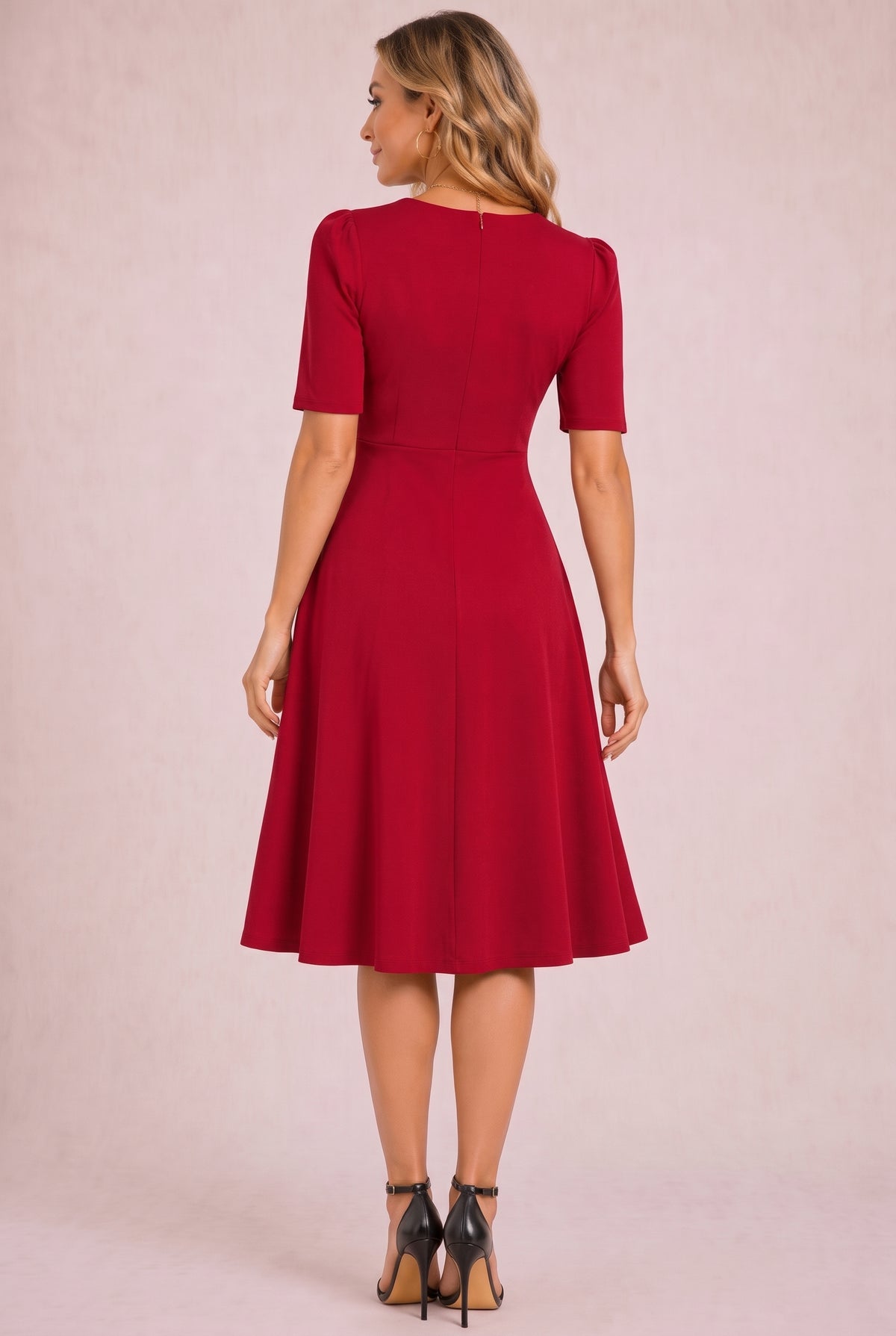 Short Sleeve Asymmetric Neck Midi Dress in red – photo 4