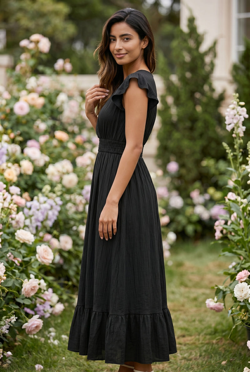 Short Sleeve Wrap Midi Dress with Ruffle Hem in black